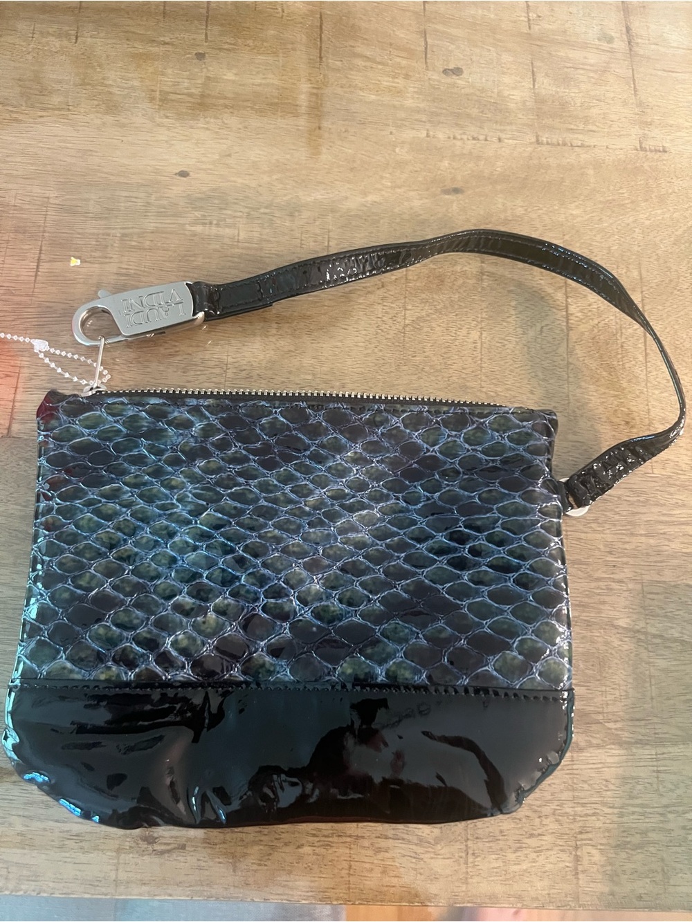 Custom wristlet purse by Laudi Vidni, Black Patent & Iridescent Snake-Print